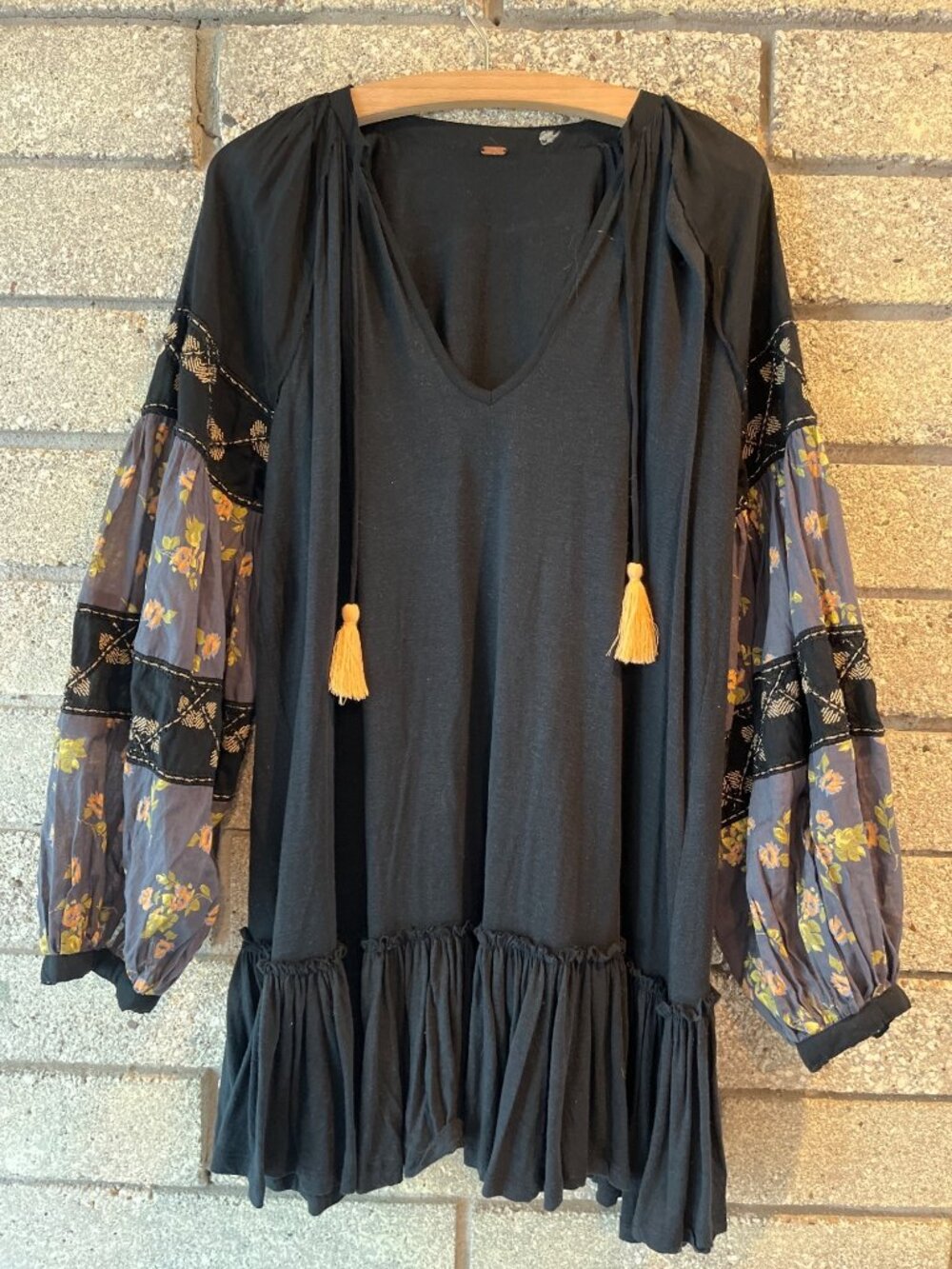 Free People Black Boho Tunic Top With Floral Sheer Puff Sleeves & Tassel Tie Det